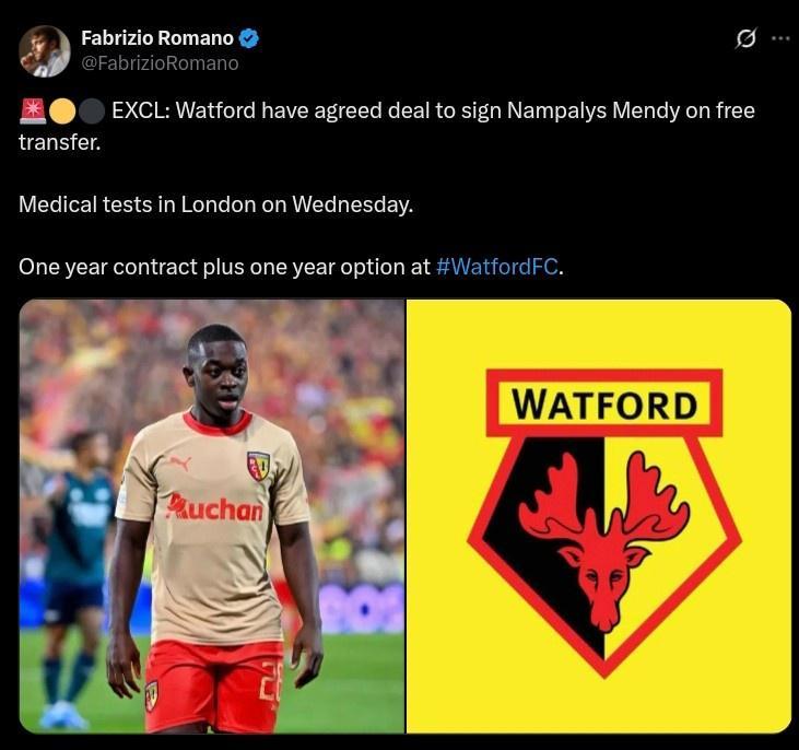 罗马诺：沃特福德将签下自由球员南帕里斯-门迪，周三完成体检